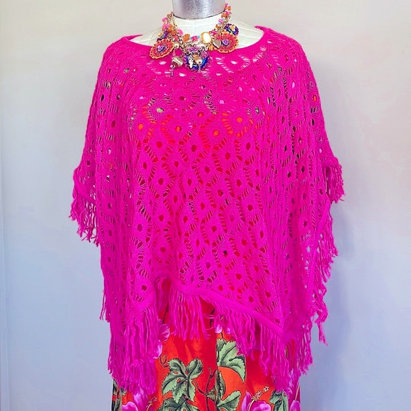 Vintage Sweaters - Vintage one size neon hot pink crochet poncho net lace OS